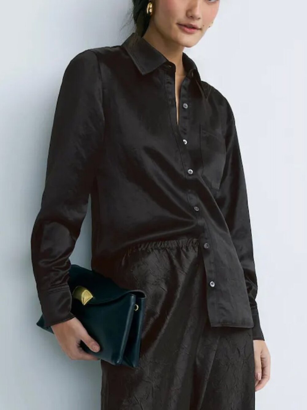 3.1 Phillip Lim x RTR Satin Slim Button Up Shirt in Black Silk Long Sleeve Bouse